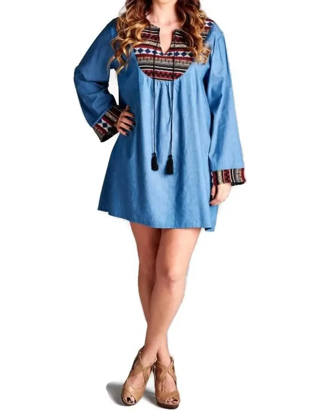 Tassel Embroidered Denim Mini Dress