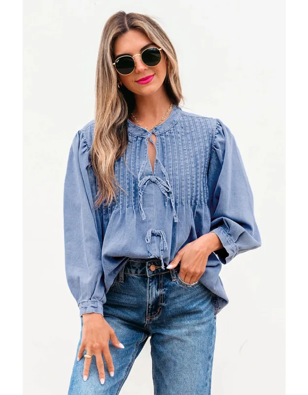 Denim Front Pintuck Bow Tie Puff Sleeve Top