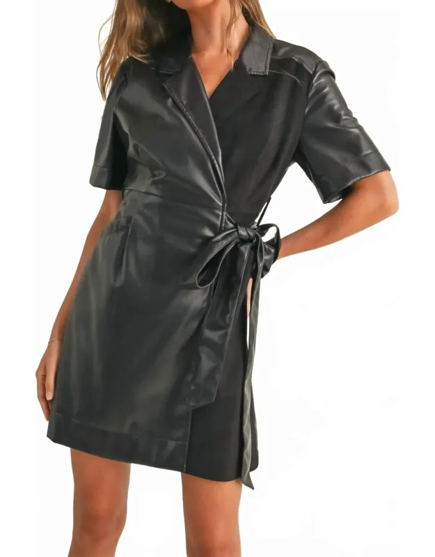 Pleather Collared Wrap Dress