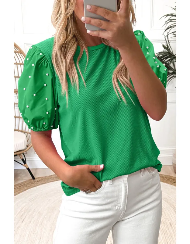 Ribbed Pearl Beaded Puff Sleeve Top