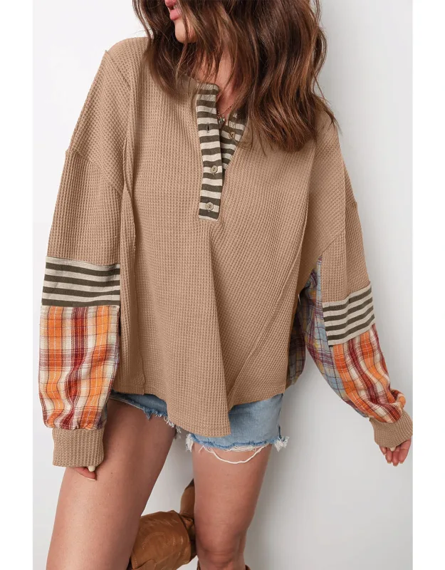 Waffle Stripe Plaid Patchwork Henley Knit Top
