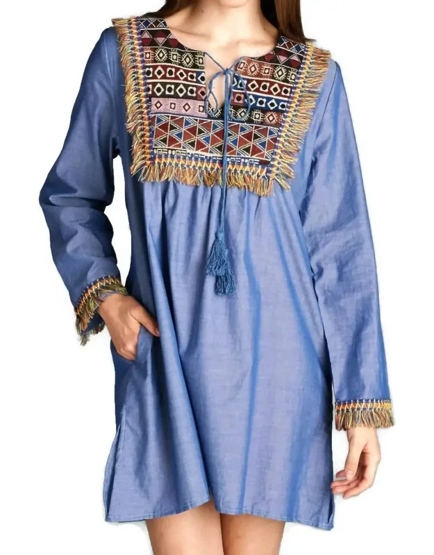 Fringe Geometric Chambray Mini Dress