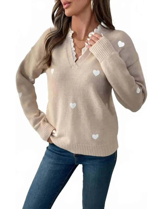 Heart Print Lace Trim Sweater