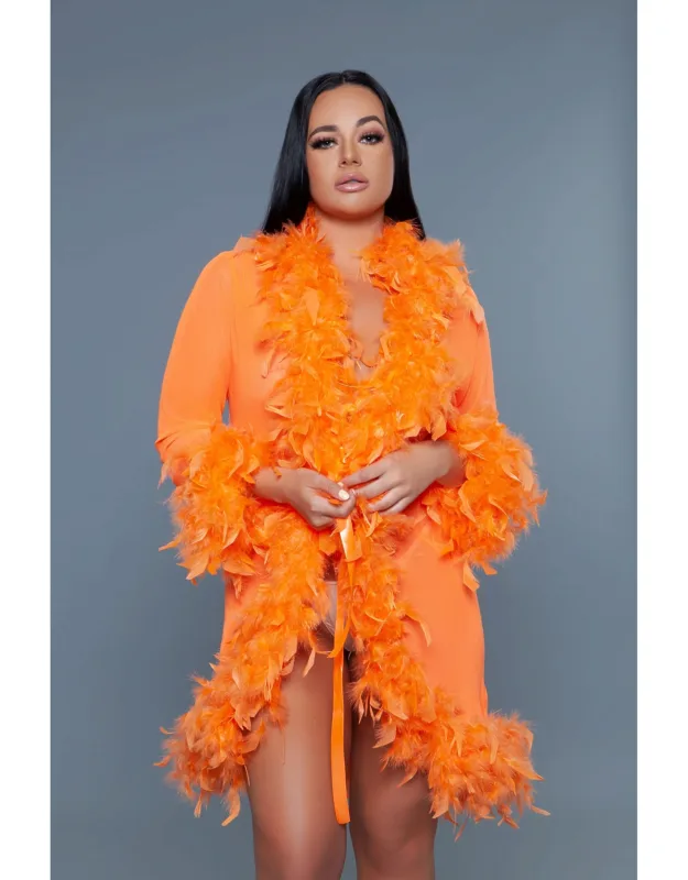 Luxe Short Chiffon Robe With Feather Boa Trim