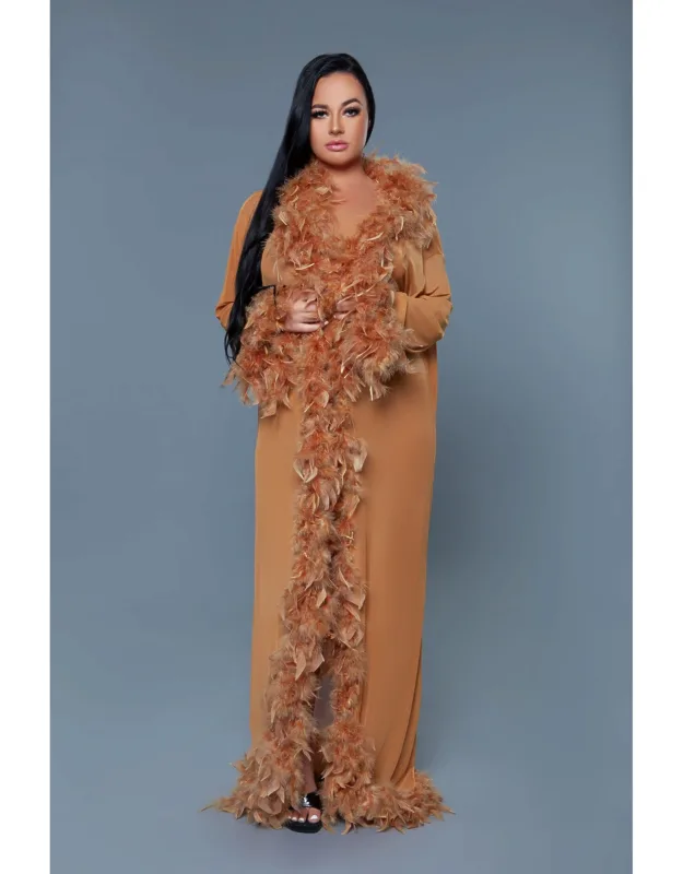 Long Glamour Chiffon Robe With Feather Boa Trim