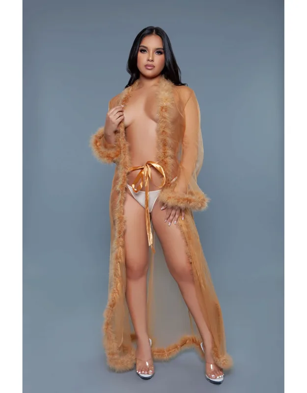 Elegant Sheer Chiffon Robe With Fur Cuffs & Hem