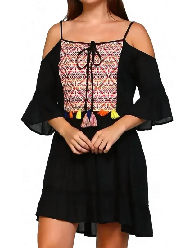 Embroidered Tassel Cold Shoulder Mini Dress
