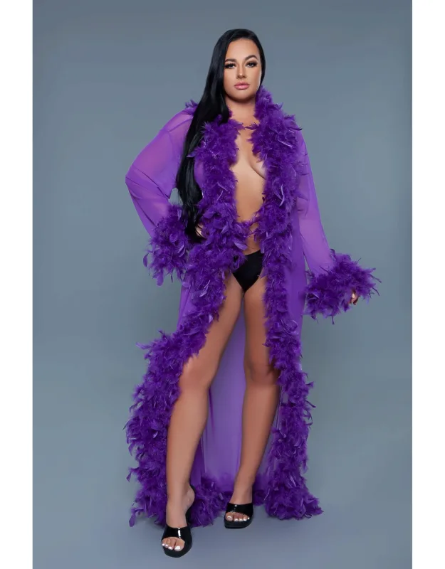Chiffon Robe With Feather Boa Trim