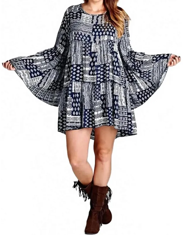 Multi-pattern Bell Sleeve Mini Dress