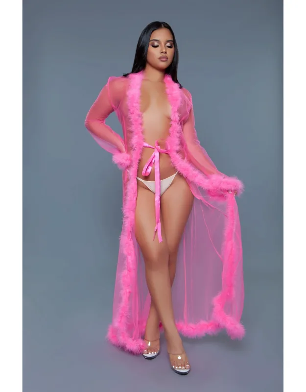 Elegant Sheer Chiffon Robe With Fur Cuffs & Hem