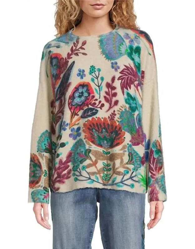 Botanical Print Eyelash Funnel Neck Long Sleeve Sweater