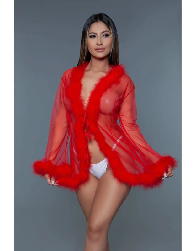 Elegant Sheer Chiffon Robe With Fur Accents