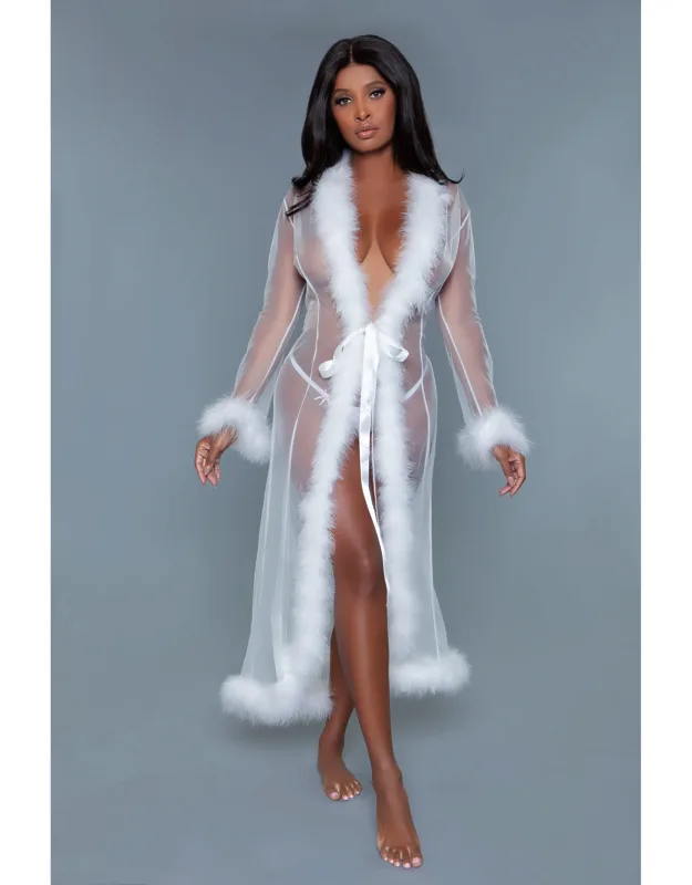 Elegant Sheer Chiffon Robe With Fur Cuffs & Hem