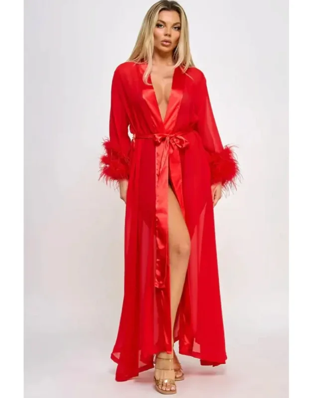 Elegant Chiffon Robe With Satin & Feather Accents