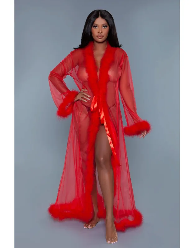 Elegant Sheer Chiffon Robe With Fur Cuffs & Hem