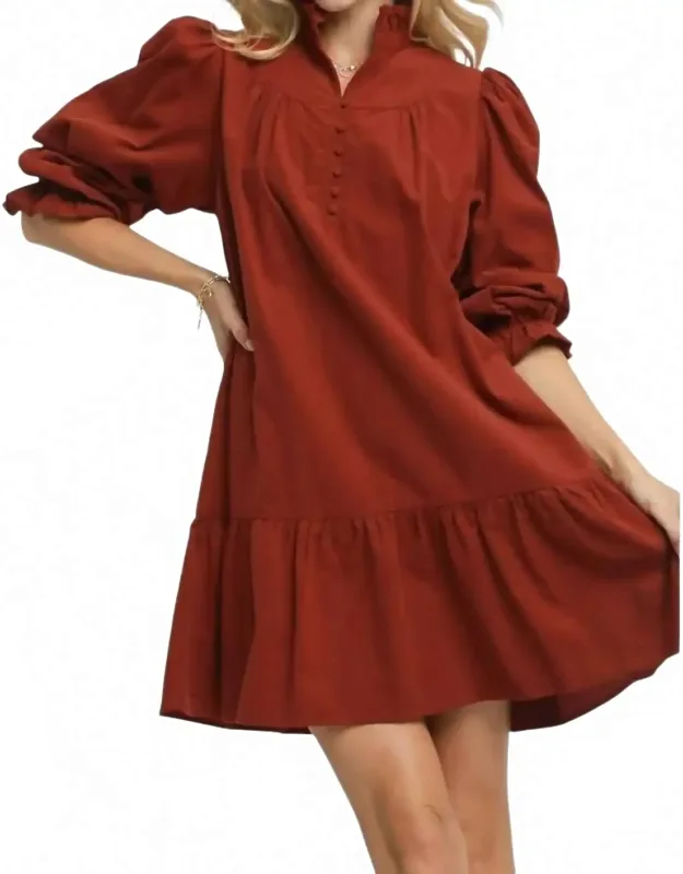Corduroy Ruffle Puff Sleeve Tiered Dress