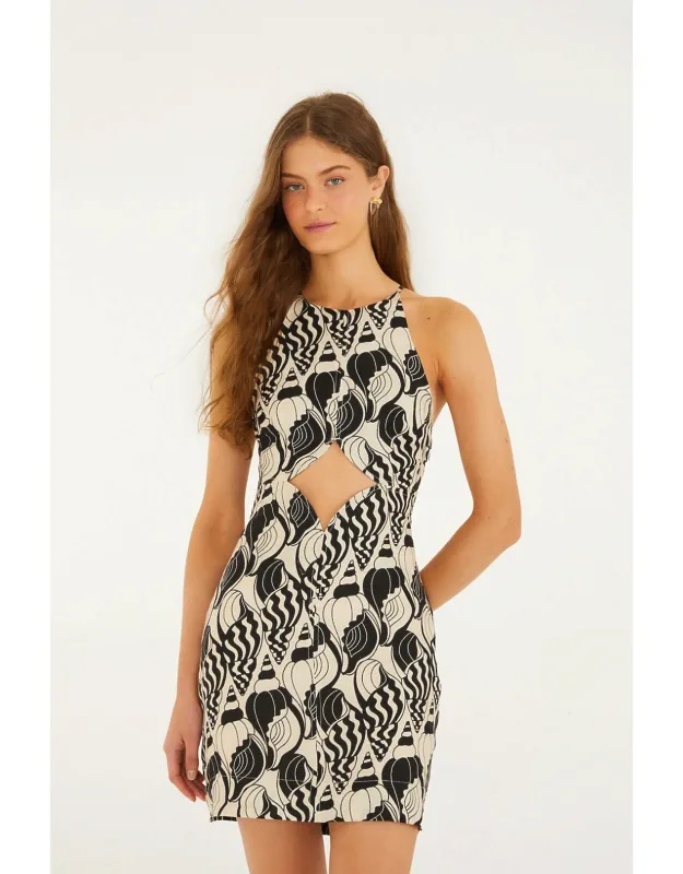 Sand Diamond Seashell Serenade Premium Linen Cut Out Mini Dress
