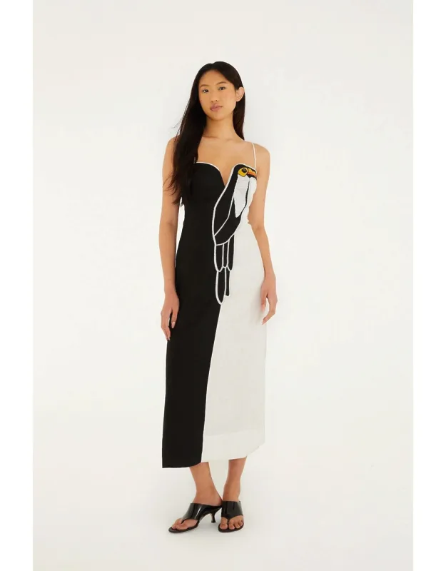 Embroidered Toucan Euroflax Premium Linen Sleeveless Maxi Dress