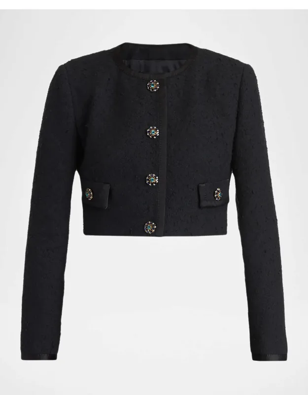 Crystal Button Boucle Crop Collarless Jacket