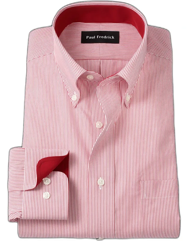Non-iron Cotton Stripe Dress Shirt With Contrast Trim, Button Down Collar, Longer Tails Designed To Stay Tucked In