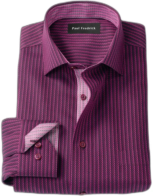 Comfort Stretch Non-iron Stripe Dress Shirt With Contrast Trim, Semi-spread Collar, Two-button Adjustable Mitered Cuffs