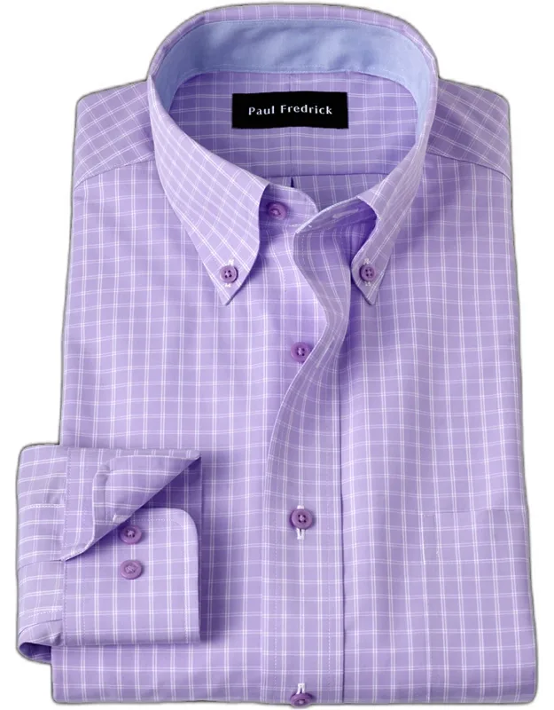 Non-iron Cotton Check Dress Shirt With Contrast Trim, Button Down Collar, Longer Tails Designed To Stay Tucked In