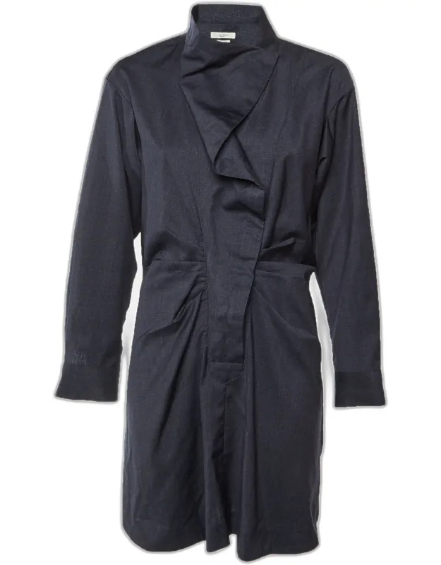 Midnight Blue Patterned Wool Draped Mini Dress