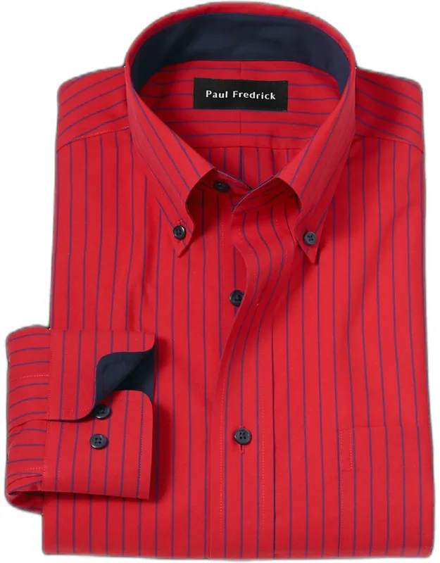 Slim Fit Non-iron Cotton Stripe Dress Shirt With Contrast Trim, Button Down Collar, Two-button Adjustable Cuffs