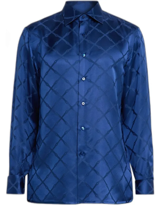 Grid-check Jacquard Silk Dress Shirt