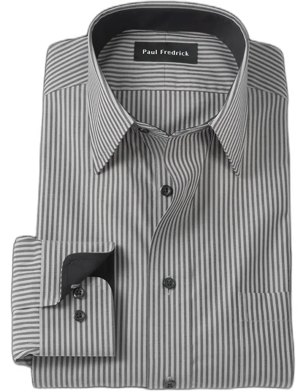 Non-iron Cotton Stripe Dress Shirt With Contrast Trim, Point Collar, Adjustable Cuffs