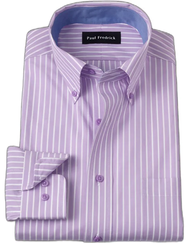 Non-iron Cotton Stripe Dress Shirt With Contrast Trim, Button Down Collar, Longer Tails Designed To Stay Tucked In