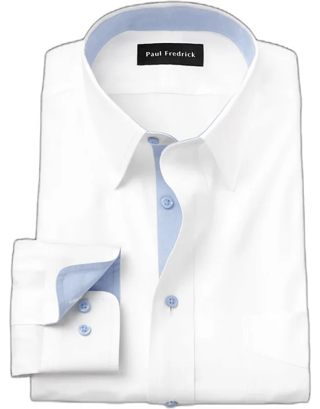 Tailored Fit Comfort Stretch Non-iron Solid Dress Shirt With Contrast Trim, Point Collar, Two-button Adjustable Cuffs