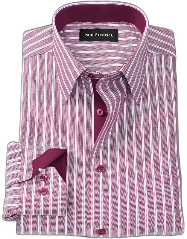 Comfort Stretch Non-iron Stripe Dress Shirt With Contrast Trim, Point Collar, Two-button Adjustable Cuffs