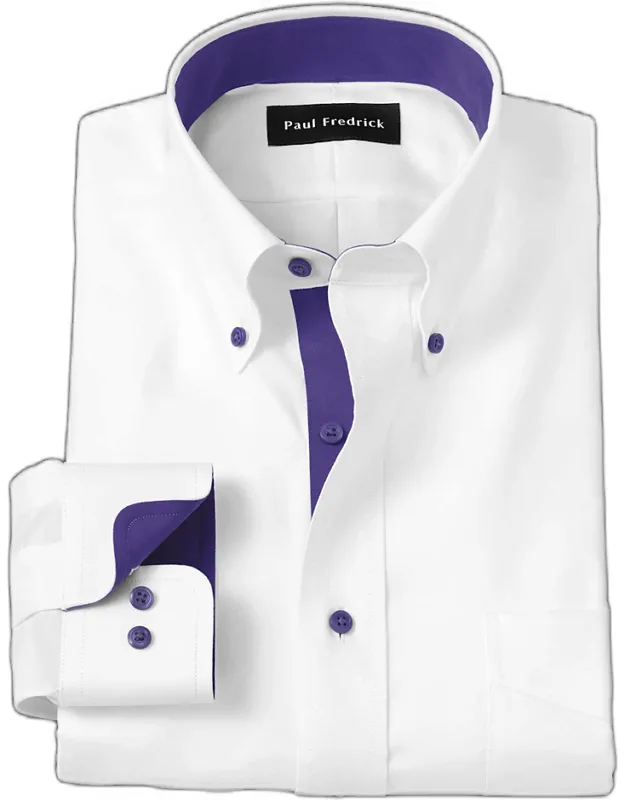Comfort Stretch Non-iron Solid Dress Shirt With Contrast Trim, Button Down Collar, Longer Tails Designed To Stay Tucked In