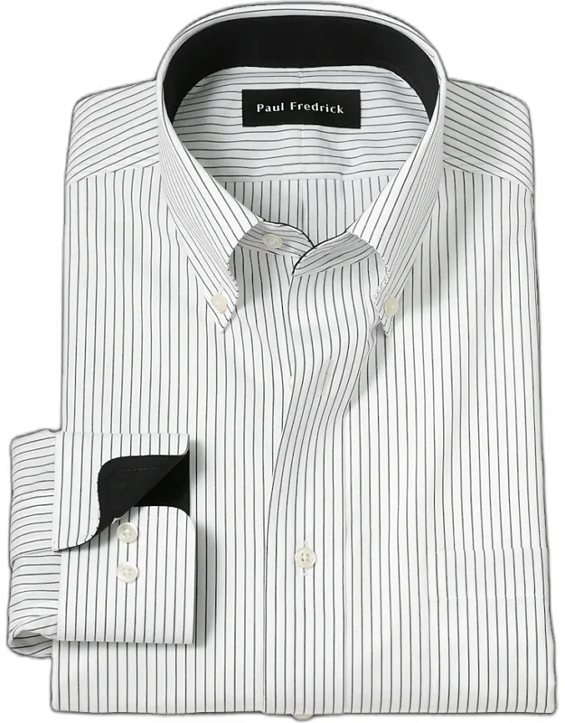Non-iron Cotton Stripe Dress Shirt With Contrast Trim, Button Down Collar, Longer Tails Designed To Stay Tucked In
