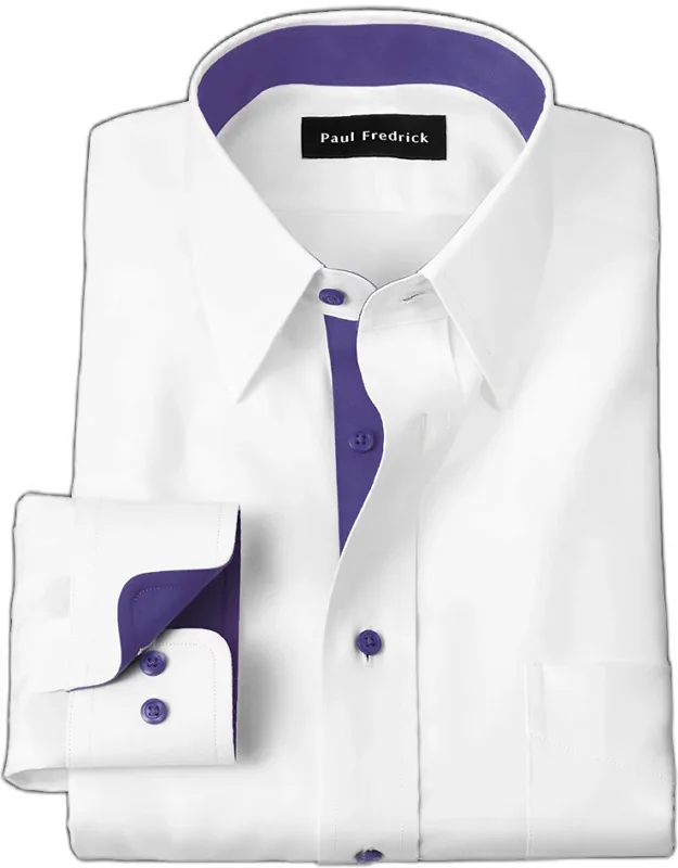 Comfort Stretch Non-iron Solid Dress Shirt With Contrast Trim, Pinpoint Oxford Weave, Longer Tails Designed To Stay Tucked In