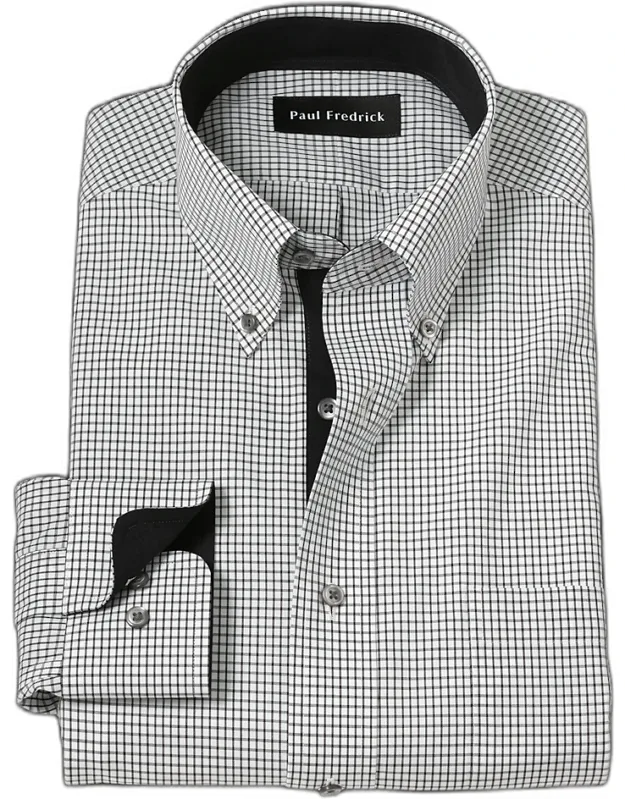 Non-iron Cotton Check Dress Shirt With Contrast Trim, Button Down Collar, Two-button Adjustable Cuffs