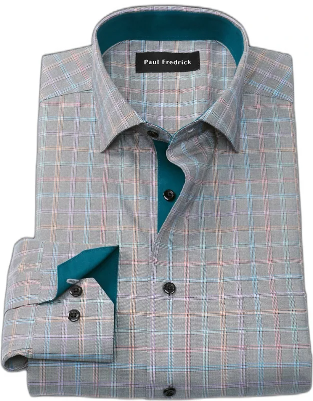 Tailored Fit Comfort Stretch Non-iron Check Dress Shirt With Contrast Trim, Semi-spread Collar, Two-button Adjustable Mitered Cuffs