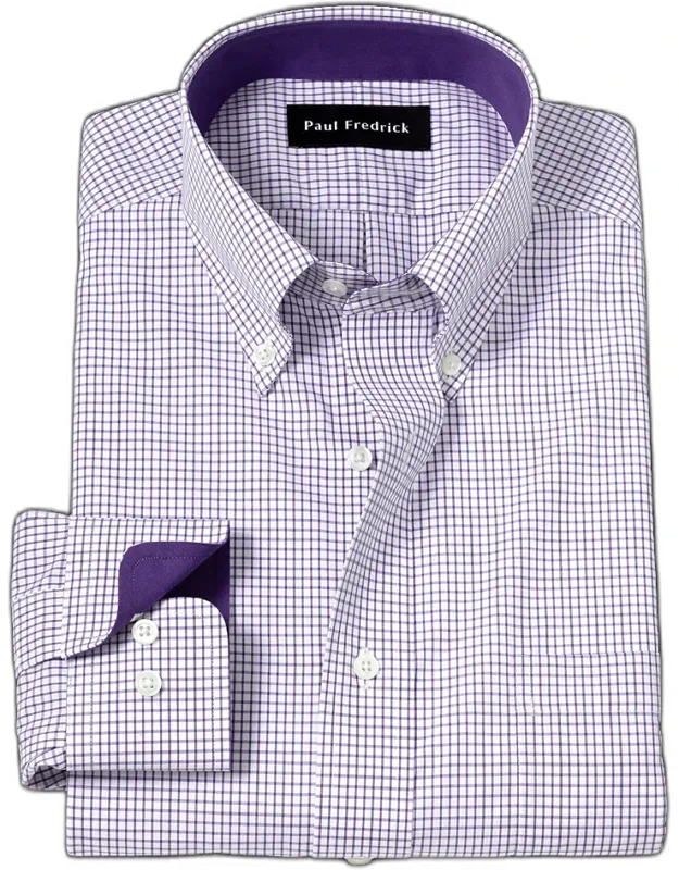 Non-iron Cotton Check Dress Shirt With Contrast Trim, Button Down Collar, Longer Tails Designed To Stay Tucked In