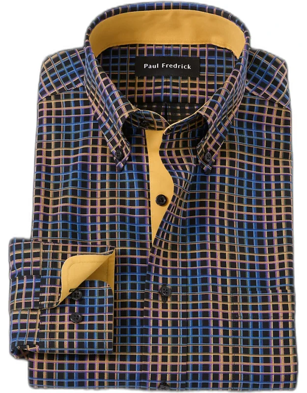 Comfort Stretch Non-iron Check Dress Shirt With Contrast Trim, Button Down Collar, Longer Tails Designed To Stay Tucked In