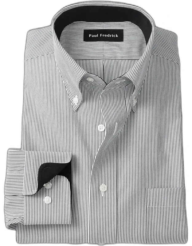 Non-iron Cotton Stripe Dress Shirt With Contrast Trim, Button Down Collar, Longer Tails Designed To Stay Tucked In