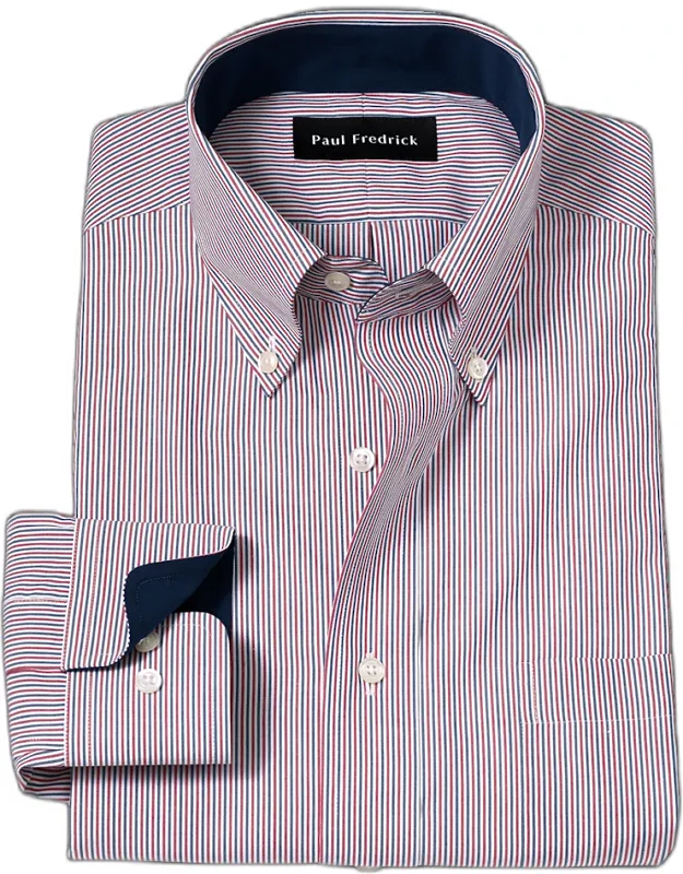 Slim Fit Non-iron Cotton Stripe Dress Shirt With Contrast Trim, Button Down Collar, Longer Tails Designed To Stay Tucked In