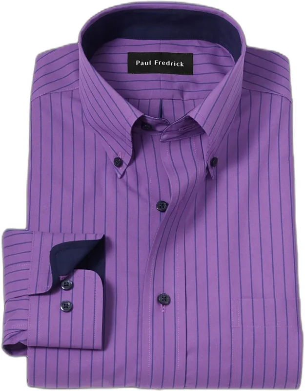 Tailored Fit Non-iron Cotton Stripe Dress Shirt With Contrast Trim, Button Down Collar, Longer Tails Designed To Stay Tucked In