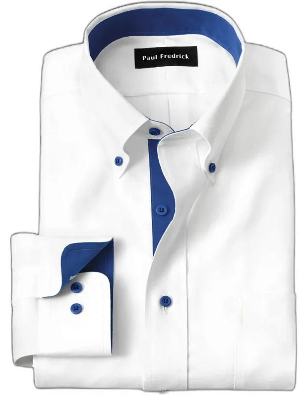 Tailored Fit Comfort Stretch Non-iron Solid Dress Shirt With Contrast Trim, Button Down Collar, Longer Tails Designed To Stay Tucked In