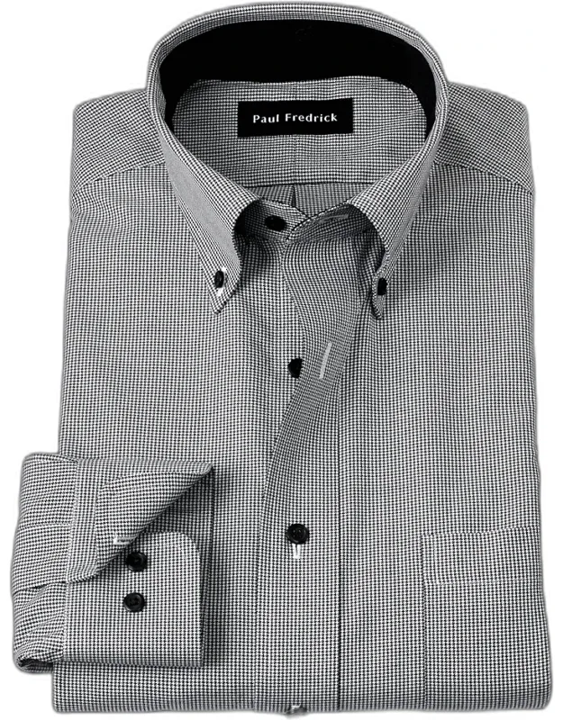 Slim Fit Houndstooth Dress Shirt With Contrast Trim, Button Down Collar, Longer Tails