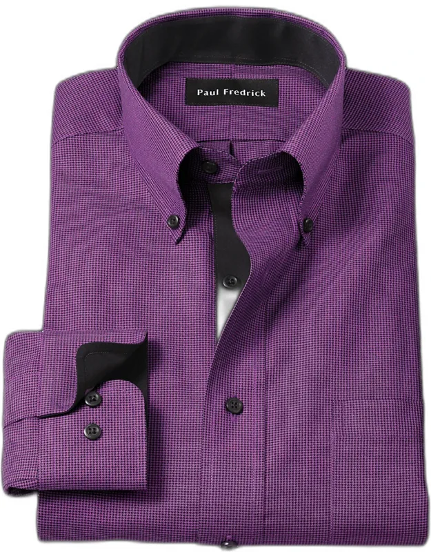 Slim Fit Non-iron Cotton Houndstooth Dress Shirt With Contrast Trim, Button Down Collar, Two-button Adjustable Cuffs