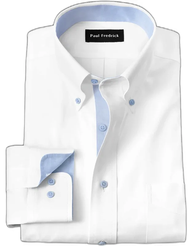 Comfort Stretch Non-iron Solid Dress Shirt With Contrast Trim, Button Down Collar, Longer Tails Designed To Stay Tucked In