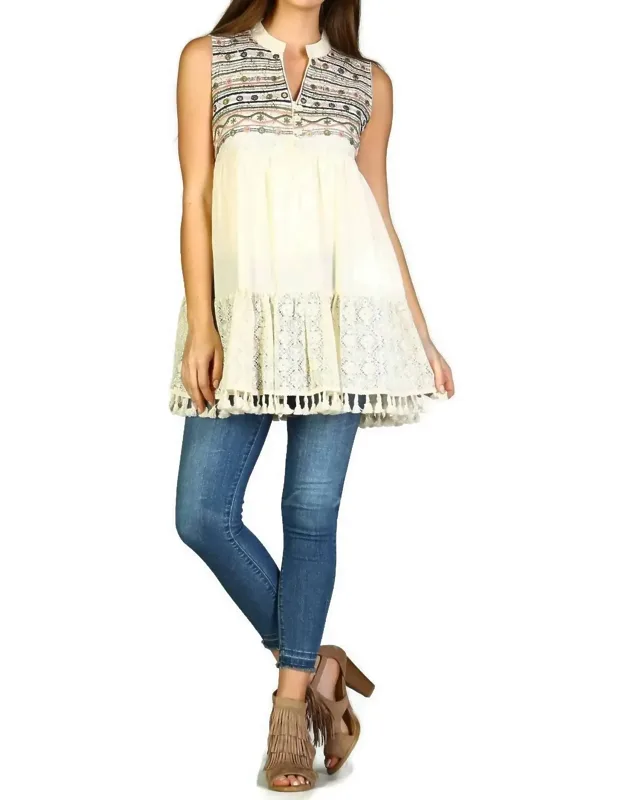 Lace Fringe Embroidered Sleeveless Tunic