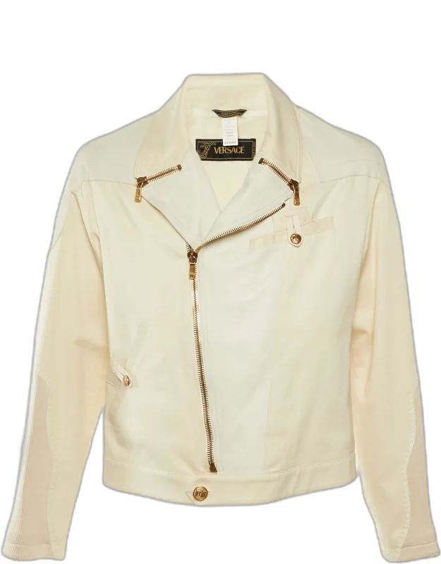 Vintage Cream Leather & Cotton Zip Up Jacket