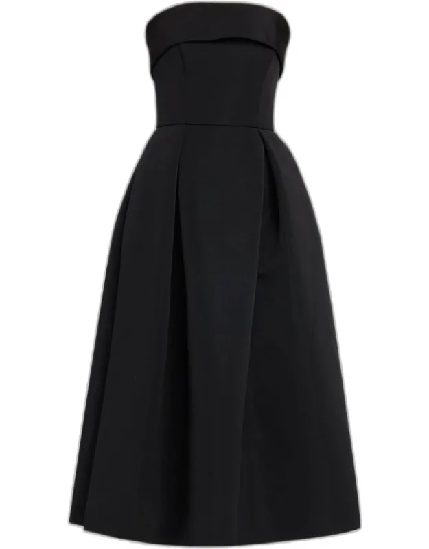 Foldover Strapless Pleated Midi Dress